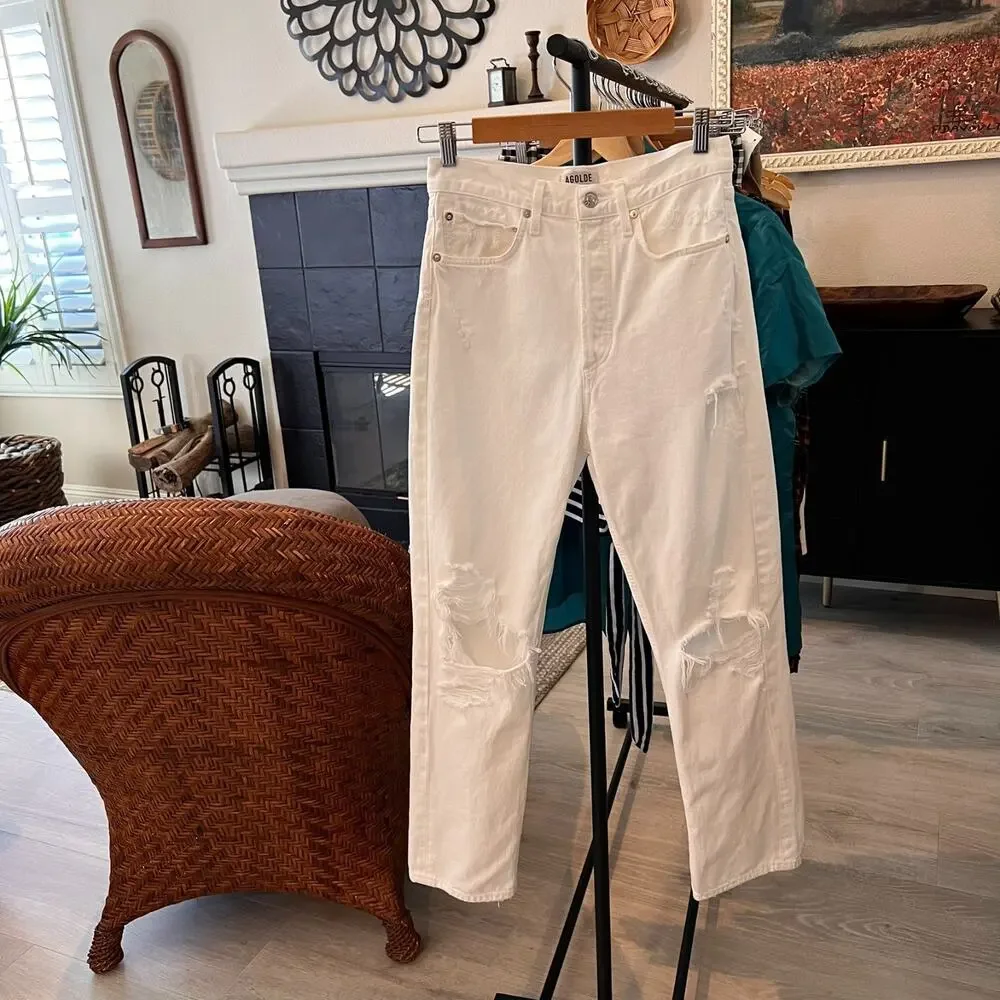 Revolve Agolde Jeans Womens Size 25 White 90's Fit Button Fly Destroyed Detail